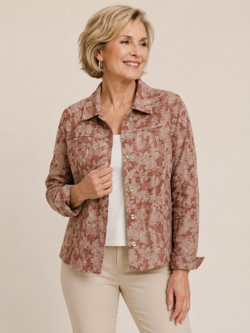 Chico’s burnt orange rust jacquard Floral Brocade jacket top size 1